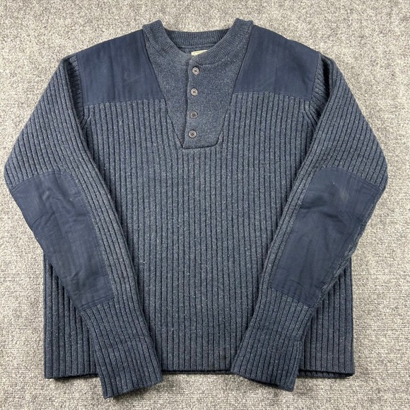 LL Bean Henley Sweater Mens XL Blue Merino Lambswool Commando Elbow Patches